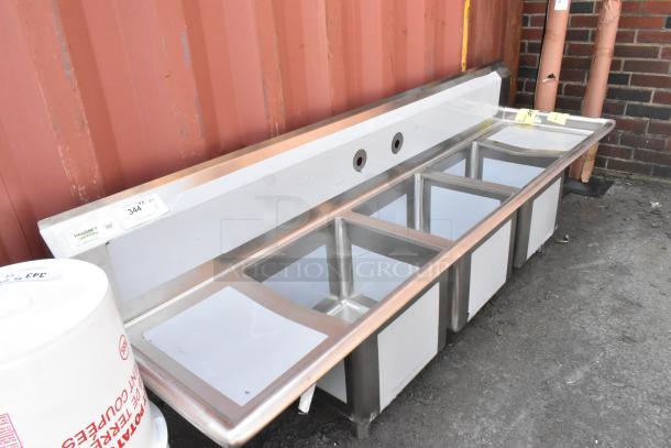 Regency 600S31515215 stainless steel 3-bay sink with dual drain boards, scratch and dent, no legs, new condition.