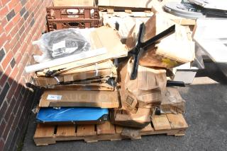 Stack of 18 brand new scratch-and-dent items, including stainless steel equipment stand and table base plates, on pallet.