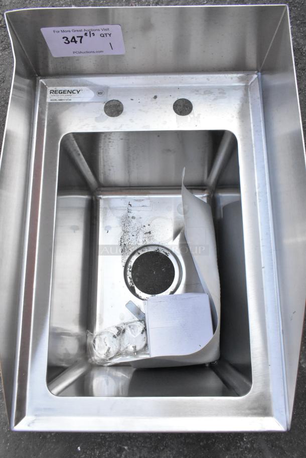 Brand new Regency 600DI11014S 10" x 14" stainless steel sink, 16-gauge, with side splashes. Minor scratches visible.