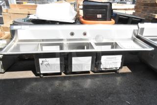 Brand new Regency 600S31515215 stainless steel 3 bay sink with dual drain boards, no legs, scratch and dent condition.