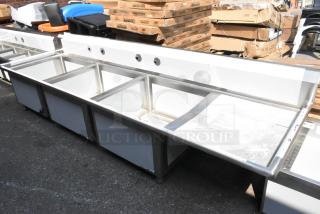 BRAND NEW Regency 600S3242424R 3-bay stainless steel sink with right-side drain board, no legs, scratch and dent condition.