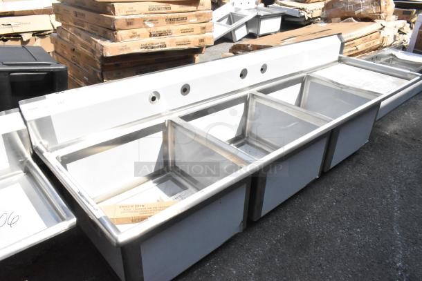 BRAND NEW SCRATCH AND DENT Regency 600S3242424R stainless steel 3-bay sink with right side drain board. No legs.