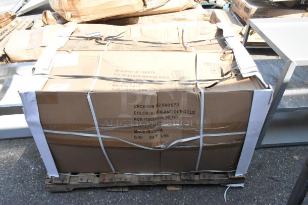 Box containing 2 brand new dining height chairs, black-antique gold color, scratch and dent condition, UPC 889142060079.