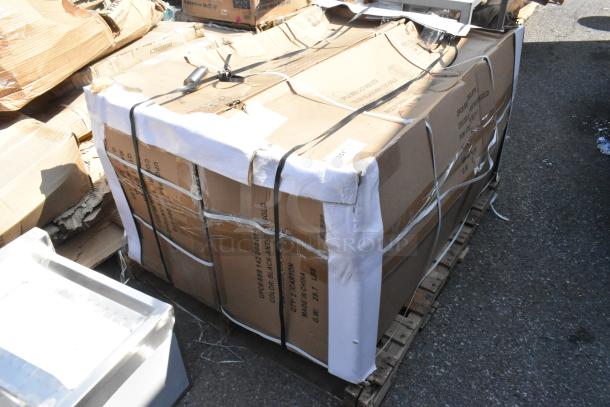 Box of 2 brand new dining height chairs, labeled "Scratch and Dent," still in original packaging on a pallet.