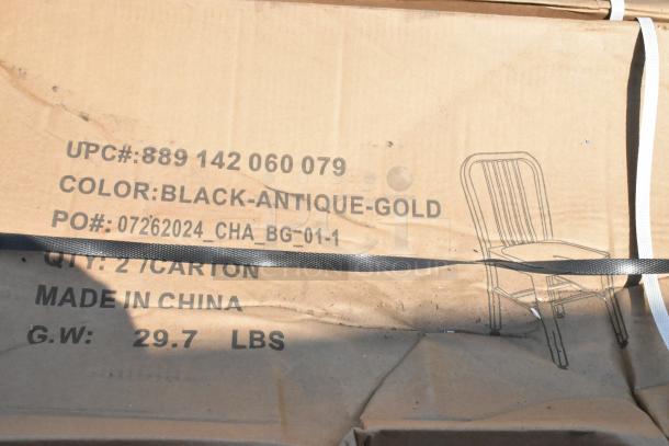 Box of 2 dining height chairs. Color: black-antique-gold. Slight scratches and dents. Made in China. 29.7 lbs.