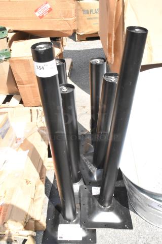 Alt text: 

New Lancaster Table & Seating Excalibur outdoor table bases, 427TBCLRD337 model, black with labels, 6 items.