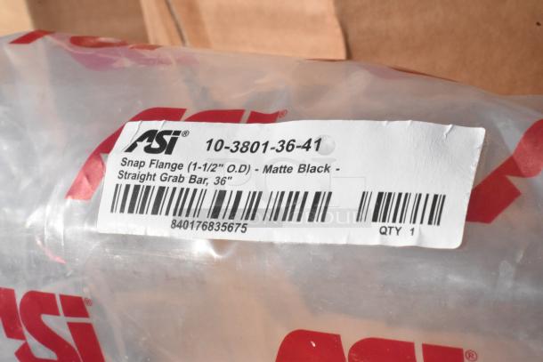 Brand new ASI grab bar, model 10-3801-36-41, matte black, 36-inch with 1-1/2" O.D. snap flange label visible.