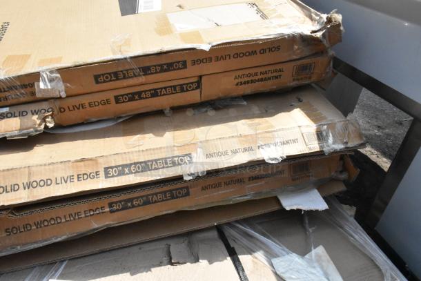 Brand new scratch and dent solid wood live edge tabletops, Antique Natural finish, sizes 30"x48" and 30"x60".