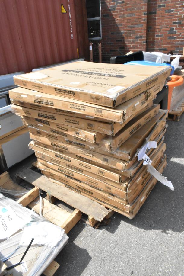 Stack of 15 Lancaster Table 24"x30" solid wood live edge table tops, honey maple finish, new scratch and dent condition.