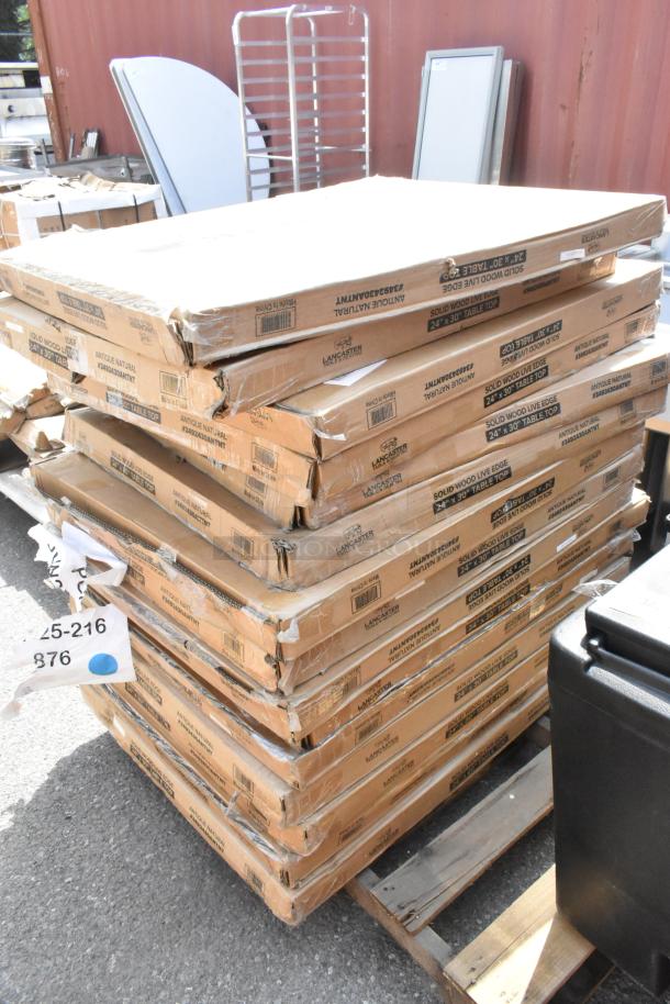 15 new Lancaster 24"x30" live edge table tops, honey maple finish, in original packaging, some with scratch and dent.