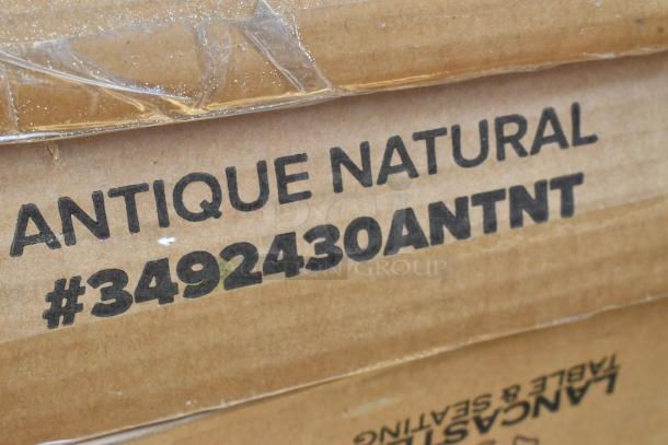 Lancaster Table & Seating 3492430ANTNT industrial live edge table top, honey maple finish, labeled "Antique Natural" on packaging.