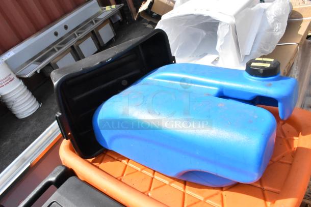 Assorted items: blue container, black bus bin, orange bin. Visible wear. Includes auction "3 Times Your Bid!" offer.