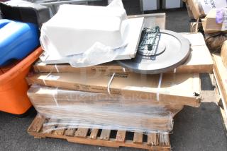 9 Brand New Scratch and Dent items including wire shelves on a pallet. Boxes show Reigency brand, visible packaging.