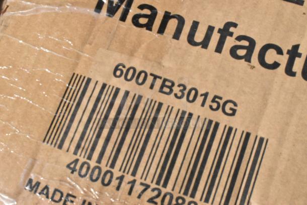 Cardboard packaging with barcode "600TB3015G" for scratch and dent items, including wire shelves and ergonomic platform truck.