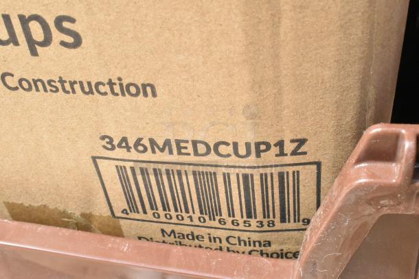 Cardboard box with barcode "346MEDCUP1Z" and "Made in China" label, indicating MEDCUP contents.