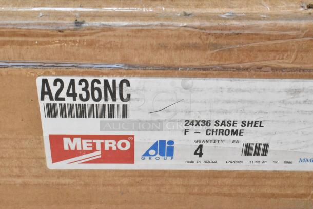 Cardboard box with Metro label, model A2436NC. Contains 24x36 chrome wire shelves. Made in Mexico, quantity 4.