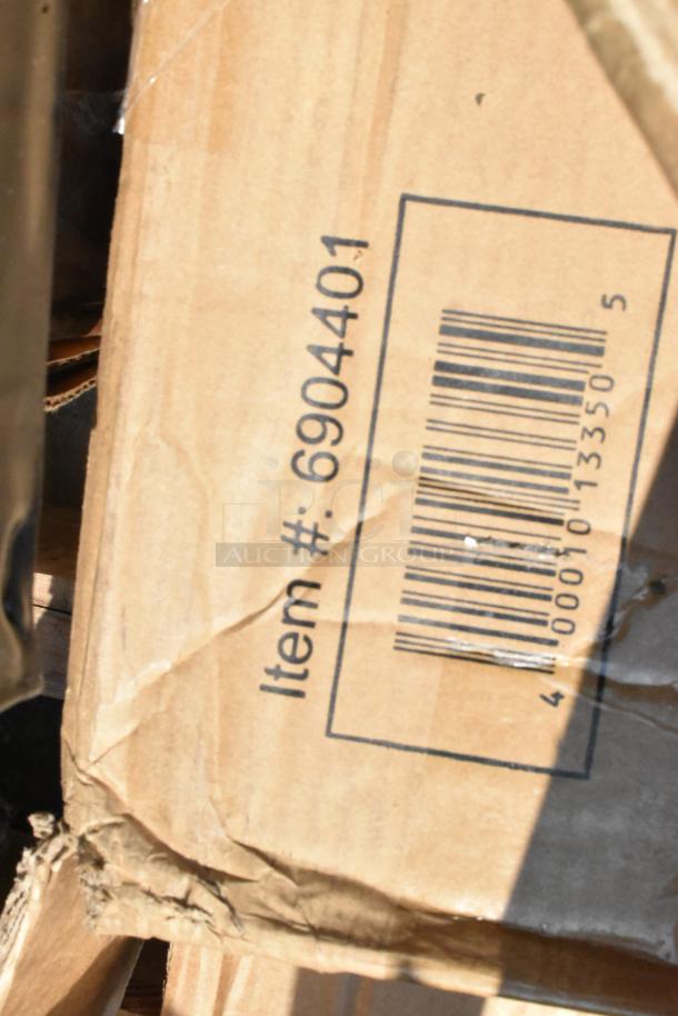 Cardboard box with visible item number 6904401 and barcode; part of a lot featuring new wire shelves and ergonomic platform truck.