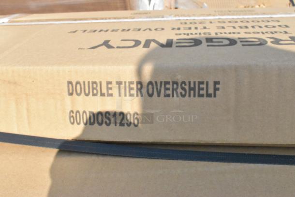 Cardboard box labeled "Double Tier Overshelf" model 600DOS1296, part of a set of new scratch and dent items.