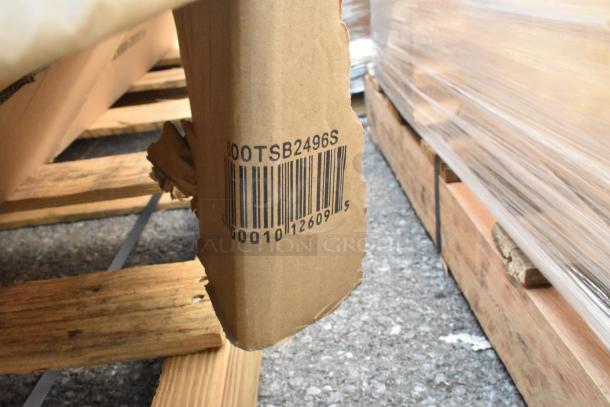 Cardboard packaging with barcode "600TSB2496S" visible, indicating a lot of scratch and dent stainless steel items.