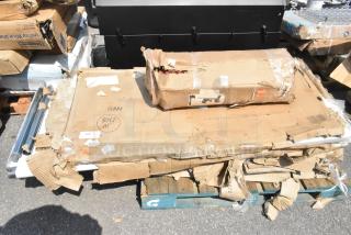 Eight new scratch and dent items, including a tabletop and stainless equipment stand, in worn packaging. Marked "Clark 8047 M."