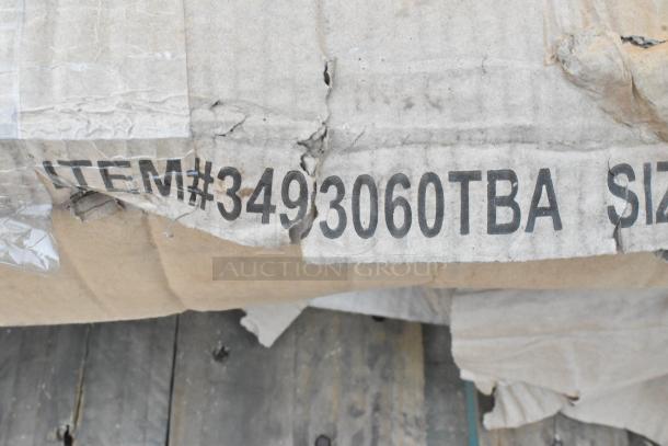 Damaged cardboard packaging with item number "3493060TBA" visible. Contains 8 new scratch and dent items, including a tabletop and stainless equipment stand.