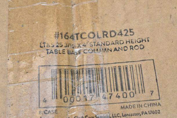 Cardboard packaging with label reading "#164TCOLRD425 LT&S 25 3/16 x 4 Standard Height Table Base Column and Rod. Made in China."