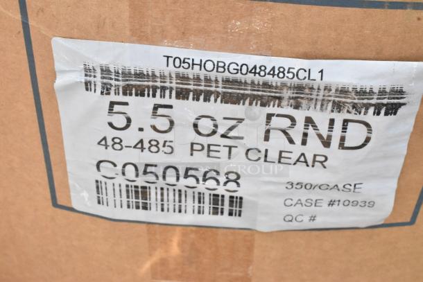 Cardboard box label showing "5.5 oz RND, PET CLEAR, 350/CASE." Indicates contents of case #10939.