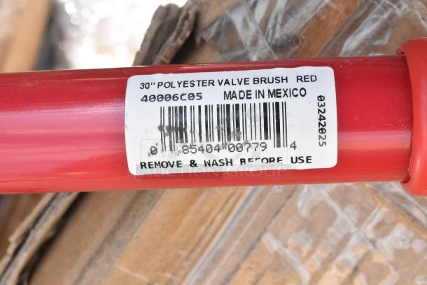 Red 30" polyester valve brush with label showing part number 40006C05, made in Mexico. "Remove & wash before use."