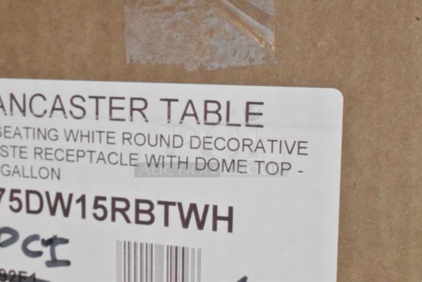 Label showing "Lancaster Table" white round decorative waste receptacle with dome top, 15-gallon. Model 75DW15RBTWH.