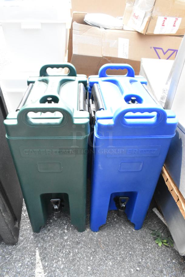 Two brand new CaterGator 5-gallon insulated beverage dispensers, green and blue models 215BEVDP5GR and 215BEVDP5BL.