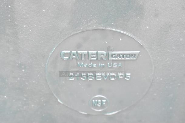 CaterGator label on an insulated beverage dispenser, model 215BEVDP5, made in USA, NSF certified.