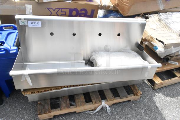 4 new Regency stainless steel wall-mounted hand sinks, 48"x17.5", for 2 faucets. Features scratch and dent.