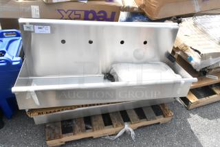 4 new Regency stainless steel wall-mounted hand sinks, 48"x17.5", for 2 faucets. Features scratch and dent.