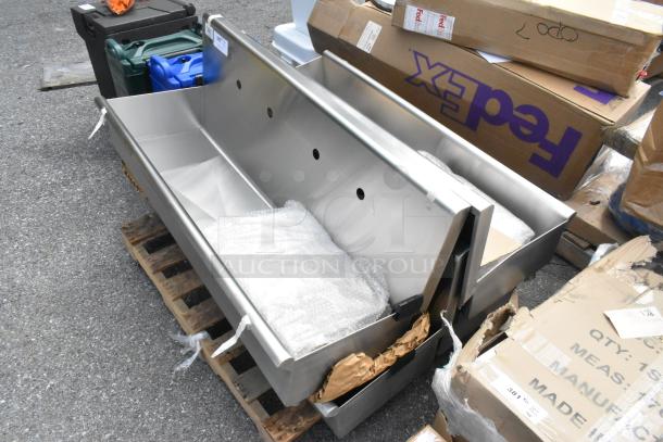 4 Regency 600HSMS1848 stainless steel hand sinks, 48"x17.5", wall-mounted, new with minor scratches and dents, for 8" faucets.