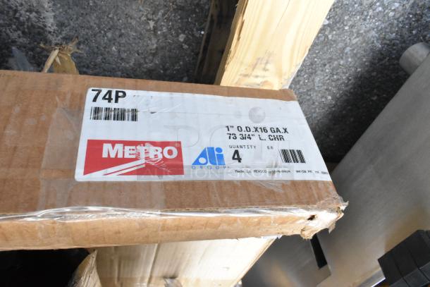 Cardboard box with "Metro" label, indicating 1" O.D. X16 GA. X 73 3/4" L. CHR posts, quantity 4, made in Mexico.
