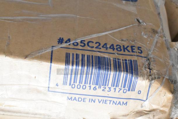 Crate marking showing barcode #465C2448KE5, indicating Backyard Pro model 554SMOKR60AS. Made in Vietnam. Packaging shows wear.
