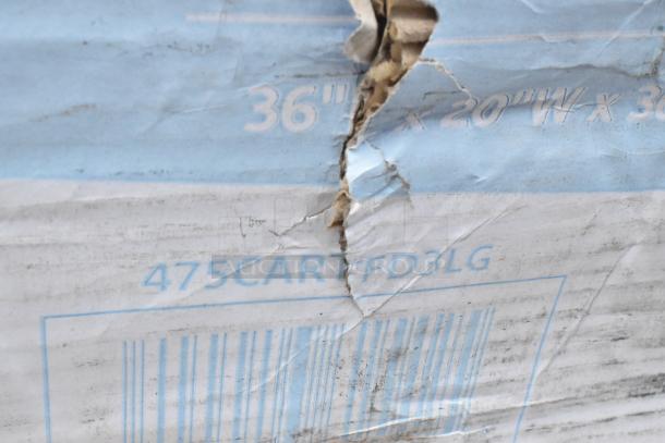 Damaged box label showing "36" x 20" x 36"", model 475CARFD3LG, scratch and dent condition.