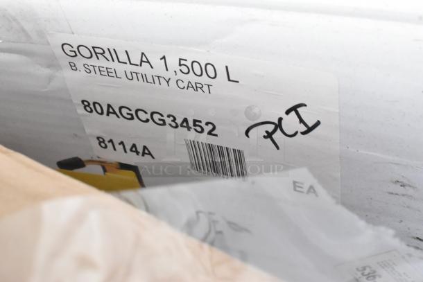 Label on a box for Gorilla 1,500 L, B. Steel Utility Cart, model 80AGCG3452, with PCI marking and barcode.