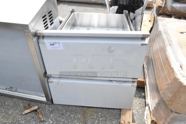 Stainless steel drawers, brand new, scratch and dent condition, auction tag visible with "385" and "1 QTY".