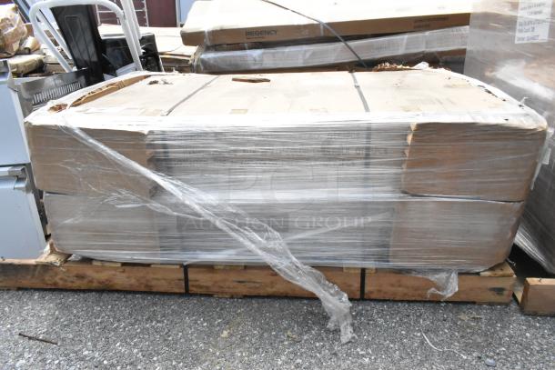 12 new Lancaster Table & Seating 30" x 48" laminated tables, reversible cherry/black, in packaging, scratch and dent condition.