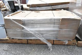 12 new Lancaster Table & Seating 30" x 48" laminated tables, reversible cherry/black, in packaging, scratch and dent condition.
