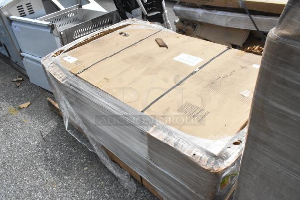 12 new Lancaster 30" x 48" laminated table tops, reversible cherry/black, in original packaging.