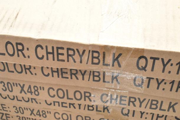 12 Lancaster Table & Seating 30" x 48" laminated table tops, reversible cherry/black, brand new, scratch and dent condition.
