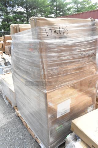 Pallet wrapped with cardboard boxes containing 14 scratch and dent items, including solid shelves and bi-fold tables. Markings visible.