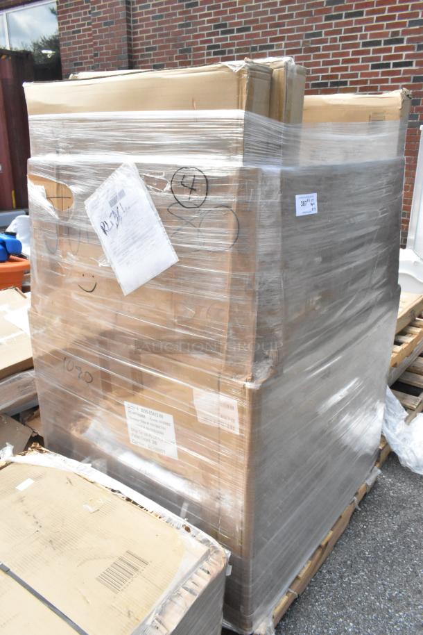 Pallet of 14 new scratch and dent items, including solid shelves and bi-fold tables, wrapped in clear plastic. Labels visible.
