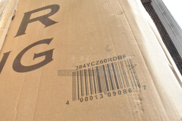 Cardboard box with barcode 384YCZ60RDBF, containing new scratch and dent items like shelves and tables.
