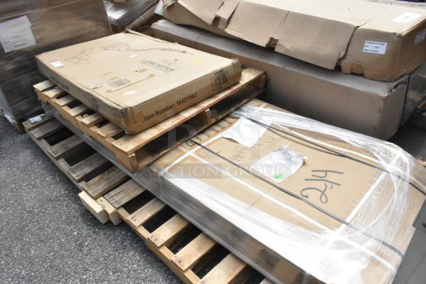 Brand new, scratch and dent items: Lancaster 164DYMU table dolly for 8 tables and Regency 600TSB3096S stainless steel work table with 4" backsplash.