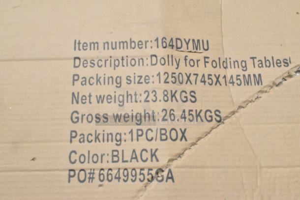Cardboard box with printed details for Lancaster Table & Seating Folding Table Dolly, item 164DYMU, color black.