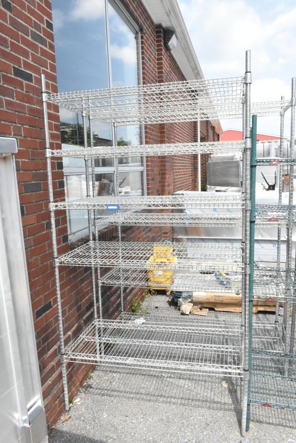 Chrome finish 5-tier wire shelving unit, in good condition. Buyer must dismantle for shipping. Consider freight charges.