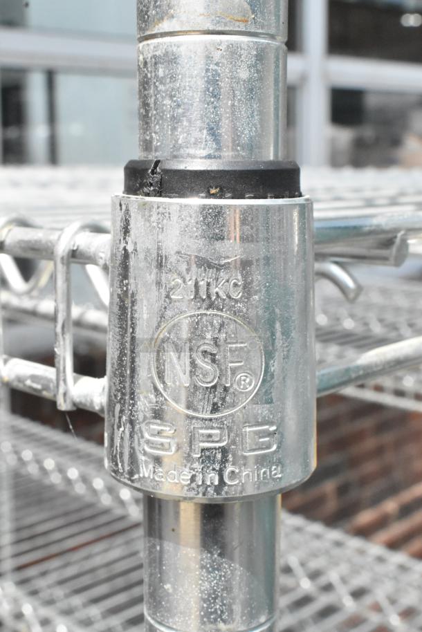 Chrome finish 5 tier wire shelving unit, NSF certified, Made in China, shows signs of wear. Buyer must dismantle.
